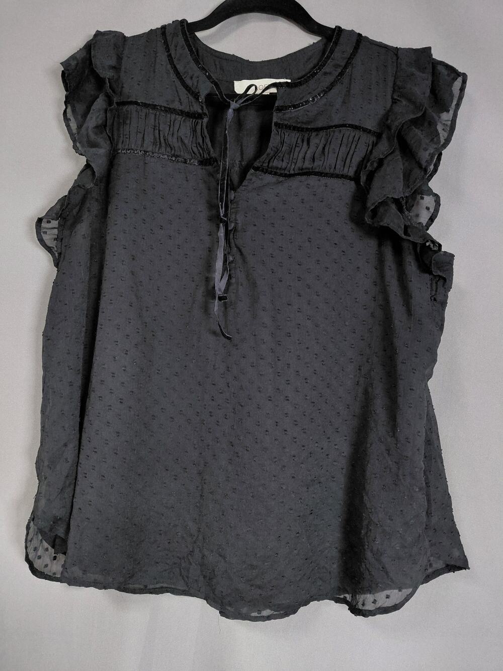 Loft Gray Dot Blouse Tie-Neck Ruffle Sleeves Top Women Size L